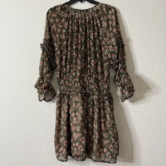 Zara Floral Beaded Mini Dress Small Peasant BOHO Festive Ruffle Smocked - Picture 4 of 15